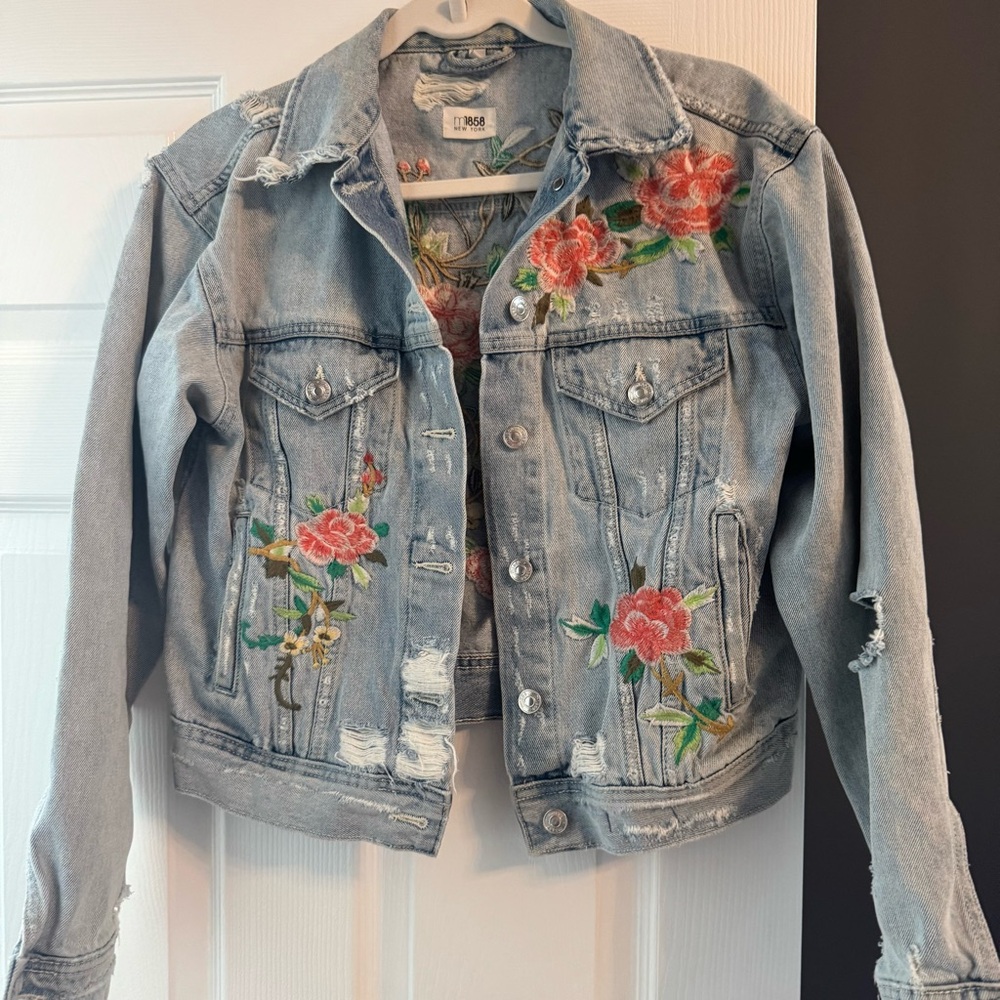Blue jean jacked with pink Artistic Floral Design